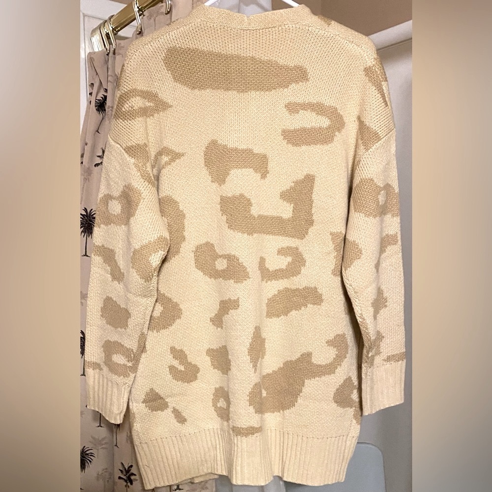 Soulomelody Msikiver Leopard Print Tan Cardigan Womens Large Open Front Sweater - Picture 4 of 5